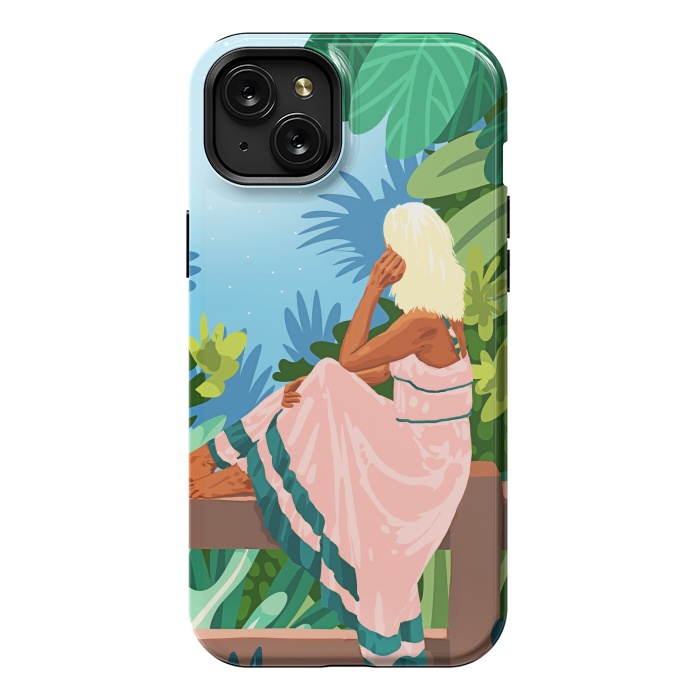 iPhone 15 Plus StrongFit Forest Moon, Bohemian Woman Jungle Nature Tropical Colorful Travel Fashion Illustration by Uma Prabhakar Gokhale