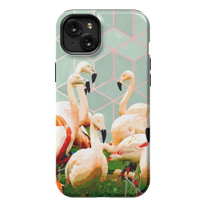 iPhone 15 Plus StrongFit Flamingle Abstract Digital, Flamingo Wildlife Painting, Birds Geometric Collage by Uma Prabhakar Gokhale