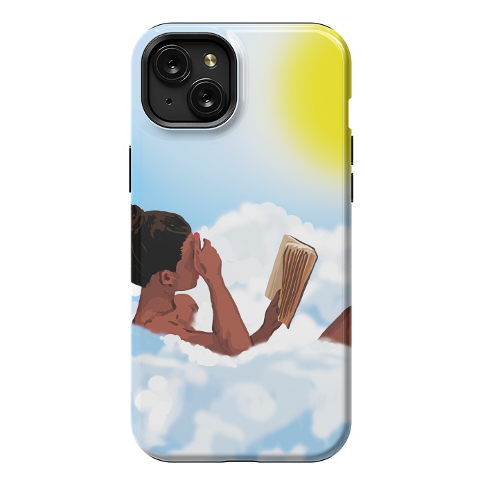 iPhone 15 Plus StrongFit Reading on Clouds, Black Woman Summer Sunny Day Book Painting, Bohemian Nude by Uma Prabhakar Gokhale