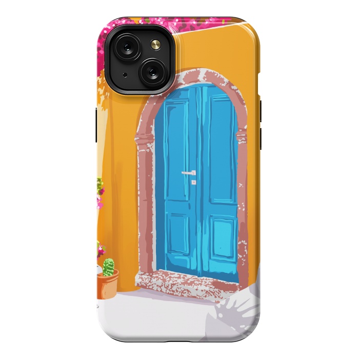 iPhone 15 Plus StrongFit Sunny Morocco, Summer Architecture Greece Travel Painting, Boungainvillea Tropical Floral by Uma Prabhakar Gokhale