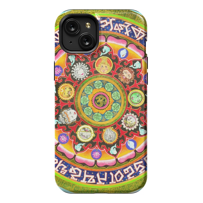 iPhone 15 Plus StrongFit Chakra Mandala, Ayurveda Yoga Aum, Eclectic Colorful Bohemian Sun Sign Moon Sign Zodiac Astrology by Uma Prabhakar Gokhale