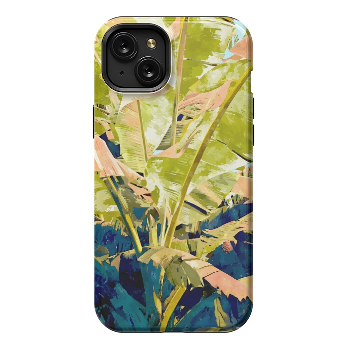 iPhone 15 Plus StrongFit Blush Banana Tree, Tropical Banana Leaves Painting, Watercolor Nature Jungle Botanical Illustration by Uma Prabhakar Gokhale