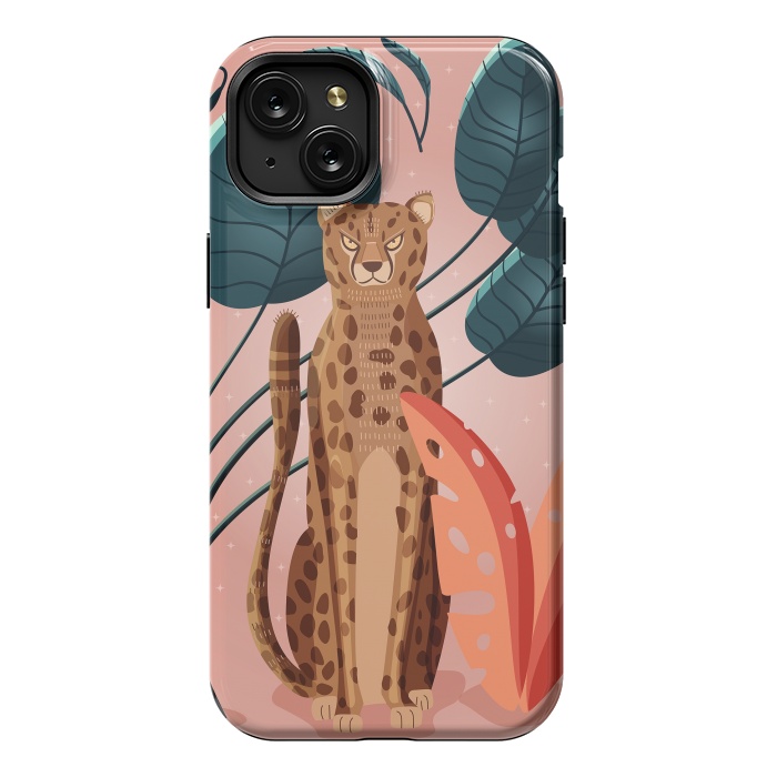 iPhone 15 Plus StrongFit Cheetah and palm leaves by Jelena Obradovic