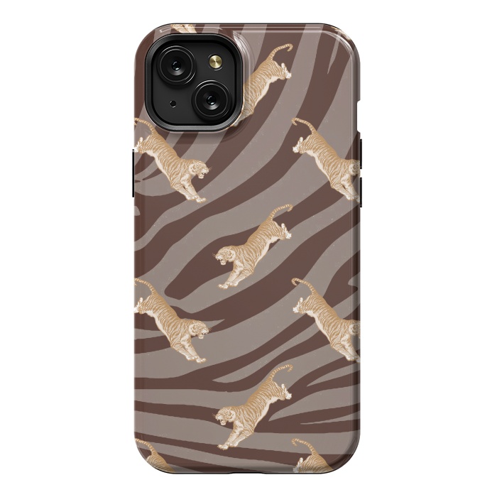 iPhone 15 Plus StrongFit Tiger pattern on brown stripes - modern animal pattern by Oana 