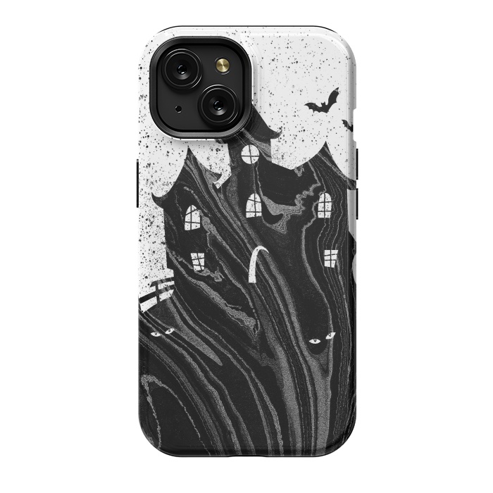 iPhone 15 StrongFit Halloween haunted house - black and white splatter and brushstrokes by Oana 