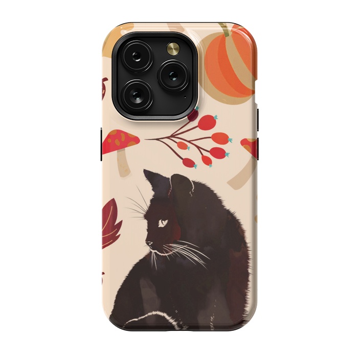 iPhone 15 Pro StrongFit Black cat and autumn woodland pattern - leaves, mushroom, pumpkin by Oana 