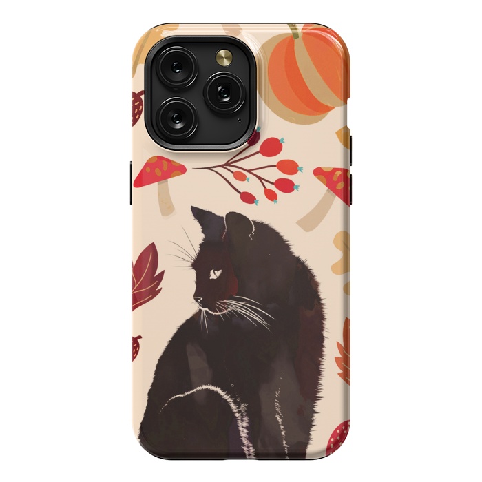 iPhone 15 Pro Max StrongFit Black cat and autumn woodland pattern - leaves, mushroom, pumpkin by Oana 