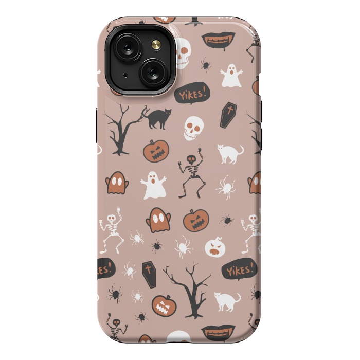 iPhone 15 Plus StrongFit Halloween monsters pattern - skeletons, pumpkins, ghosts, cats, spiders by Oana 
