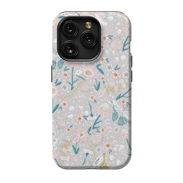 iPhone 15 Pro StrongFit Delicate Daisies and Butterflies half-drop repeat pattern by Paula Ohreen