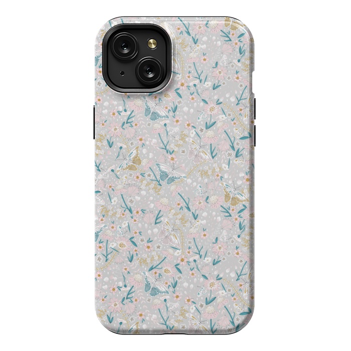 iPhone 15 Plus StrongFit Delicate Daisies and Butterflies half-drop repeat pattern by Paula Ohreen