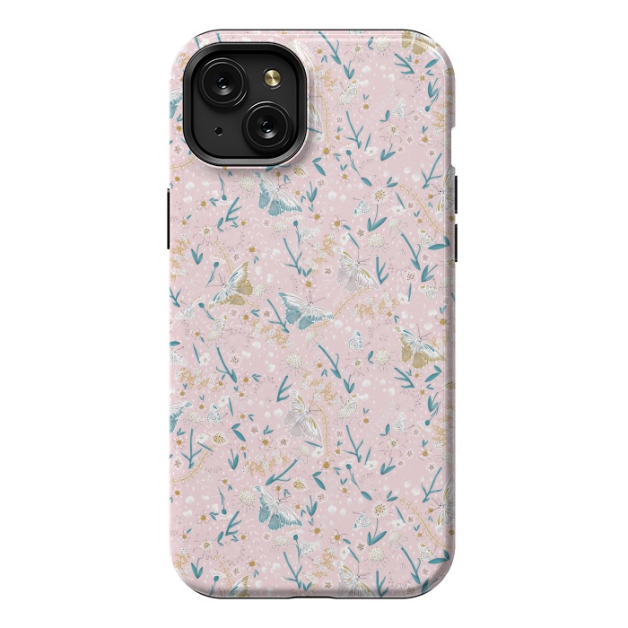 iPhone 15 Plus StrongFit Delicate Daisies and Butterflies half-drop repeat pattern on Pink by Paula Ohreen