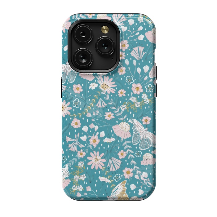 iPhone 15 Pro StrongFit Delicate Daisies and Butterflies half-drop repeat pattern on Blue by Paula Ohreen