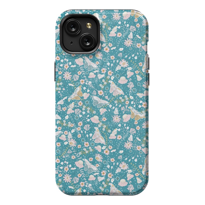 iPhone 15 Plus StrongFit Delicate Daisies and Butterflies half-drop repeat pattern on Blue by Paula Ohreen