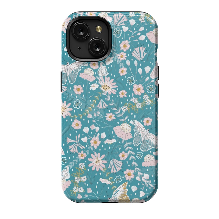 iPhone 15 StrongFit Delicate Daisies and Butterflies half-drop repeat pattern on Blue by Paula Ohreen