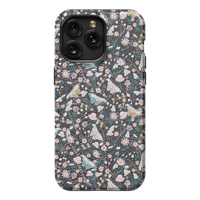 iPhone 15 Pro Max StrongFit Delicate Daisies and Butterflies half-drop repeat pattern on Black by Paula Ohreen