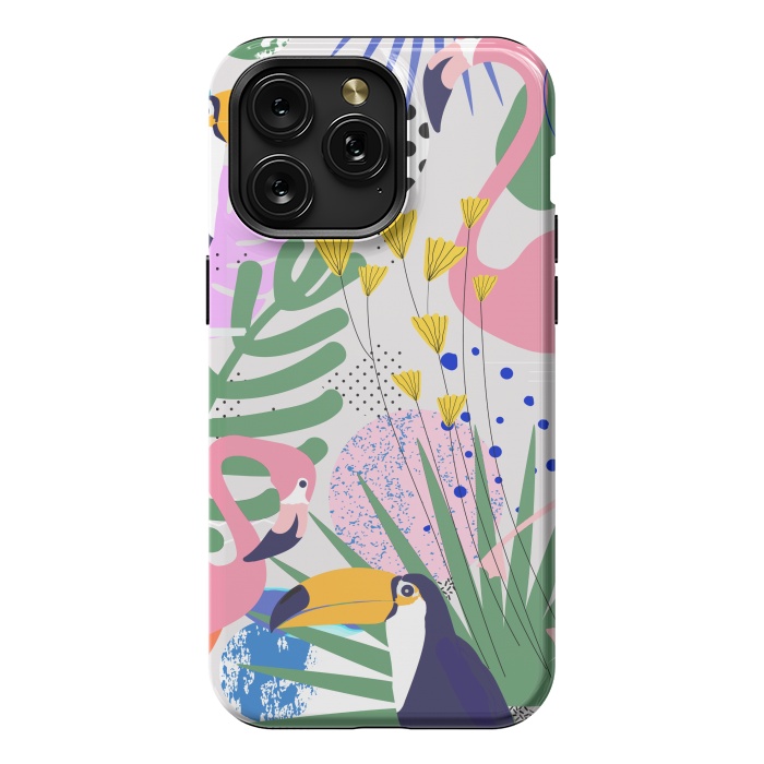 iPhone 15 Pro Max StrongFit Tropical Spring | Pastel Quirky Modern Bohemian Jungle Botanical | Flamingo Palm Cockatoo Birds by Uma Prabhakar Gokhale