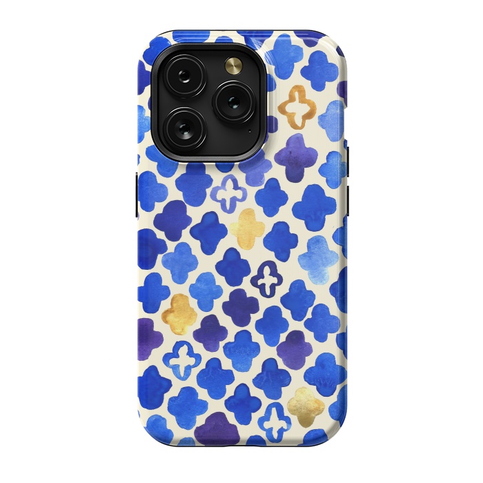 iPhone 15 Pro StrongFit Rustic Watercolor Moroccan in Royal Blue & Gold by Tangerine-Tane