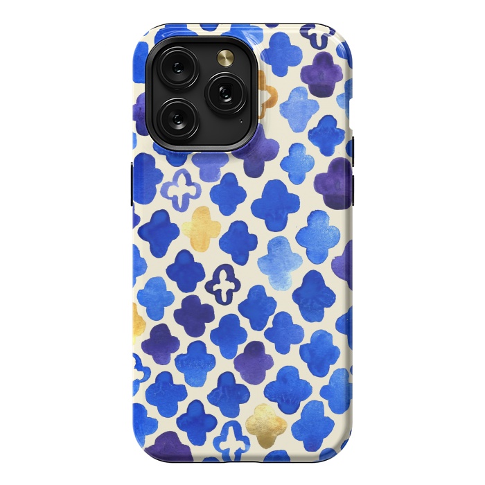 iPhone 15 Pro Max StrongFit Rustic Watercolor Moroccan in Royal Blue & Gold by Tangerine-Tane