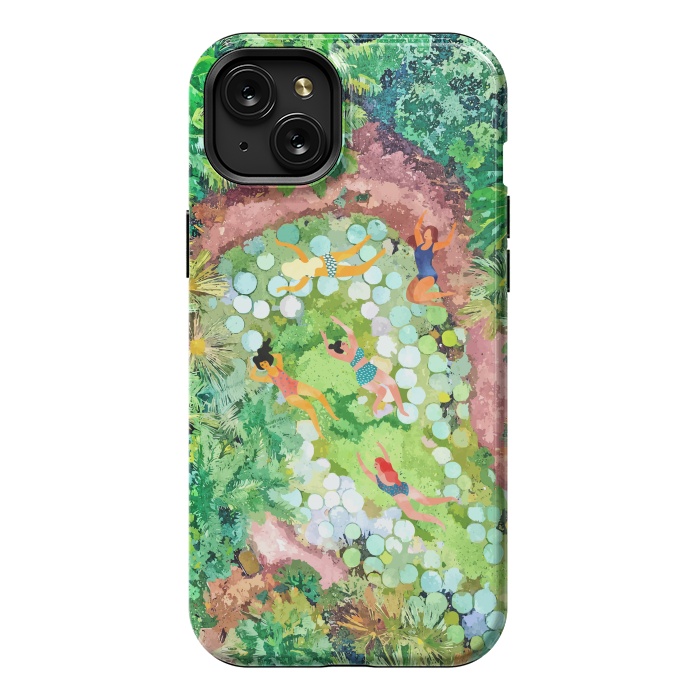 iPhone 15 Plus StrongFit Tropical Vacay | Rainforest Jungle Botanical Lush Nature | Summer Lake People Swim | Boho Painting by Uma Prabhakar Gokhale