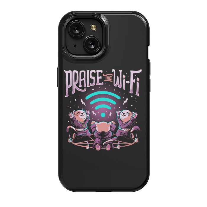 iPhone 15 StrongFit Praise the Wifi Funny Evil Worship Cats by eduely