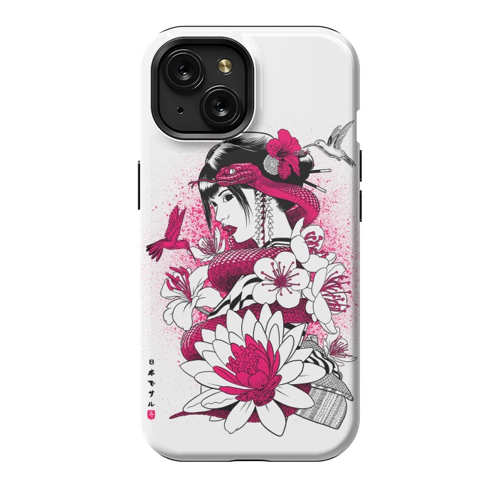 iPhone 15 StrongFit Geisha with snake and hummingbirds by Alberto