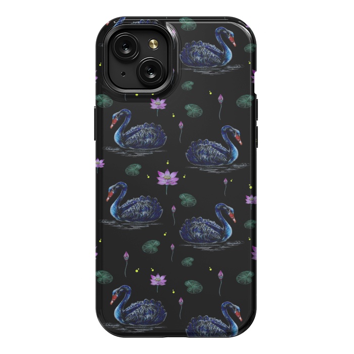 iPhone 15 Plus StrongFit Black Swans in Lily Pond by Negin Mf