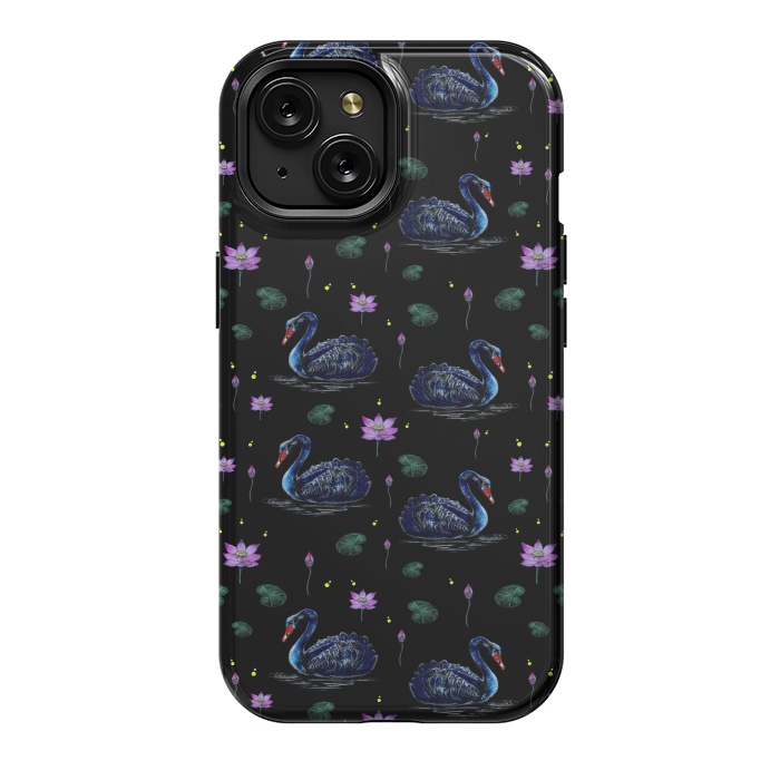 iPhone 15 StrongFit Black Swans in Lily Pond by Negin Mf