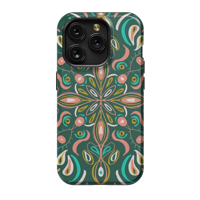 iPhone 15 Pro StrongFit Bold Boho Mandala in Green Coral and Gold by ECMazur 
