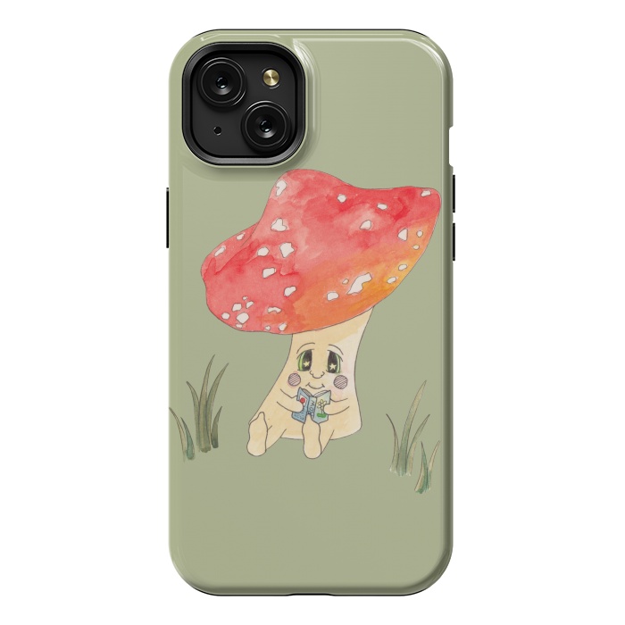 iPhone 15 Plus StrongFit Cute Watercolour Mushroom Reading 4 by ECMazur 