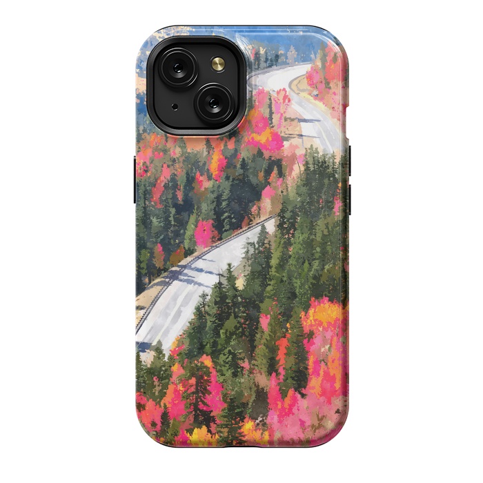 iPhone 15 StrongFit Valley of Pink Trees | Fantasy Pop of Color Forest Nature | Jungle Adventure Road Trip Pine by Uma Prabhakar Gokhale