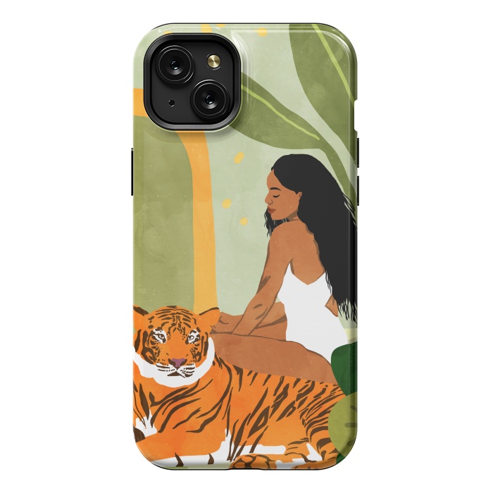 iPhone 15 Plus StrongFit Just You & Me | Tiger Urban Jungle Friendship | Wild Cat Bohemian Black Woman with Pet by Uma Prabhakar Gokhale