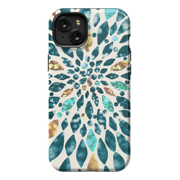 iPhone 15 Plus StrongFit Glitter Dahlia in Gold, Aqua and Ocean Green by Tangerine-Tane