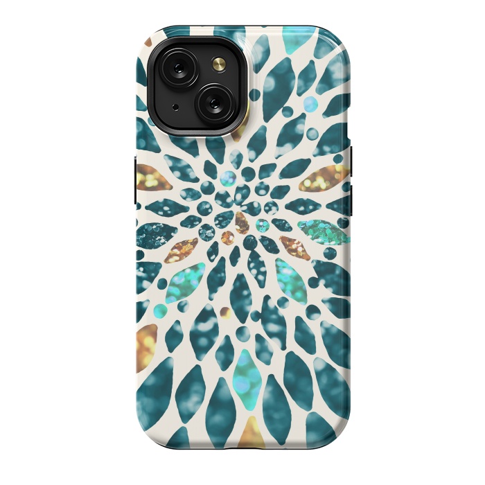 iPhone 15 StrongFit Glitter Dahlia in Gold, Aqua and Ocean Green by Tangerine-Tane