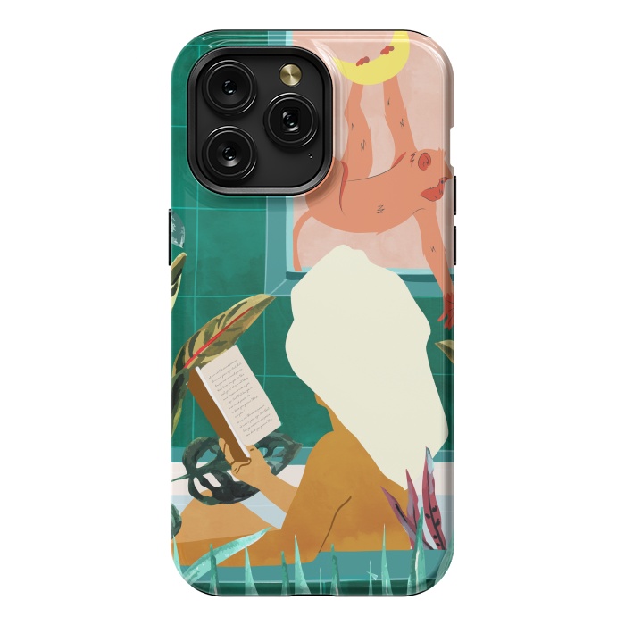 iPhone 15 Pro Max StrongFit Urban Jungle Bath | Tropical Modern Bohemian Woman Bathtub | Pet Monkey Wild Animals Moon Watercolor by Uma Prabhakar Gokhale