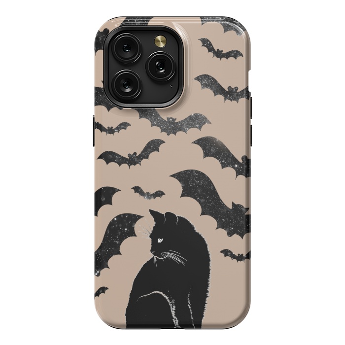 iPhone 15 Pro Max StrongFit Black cats and night sky bats - Halloween witchy illustration by Oana 
