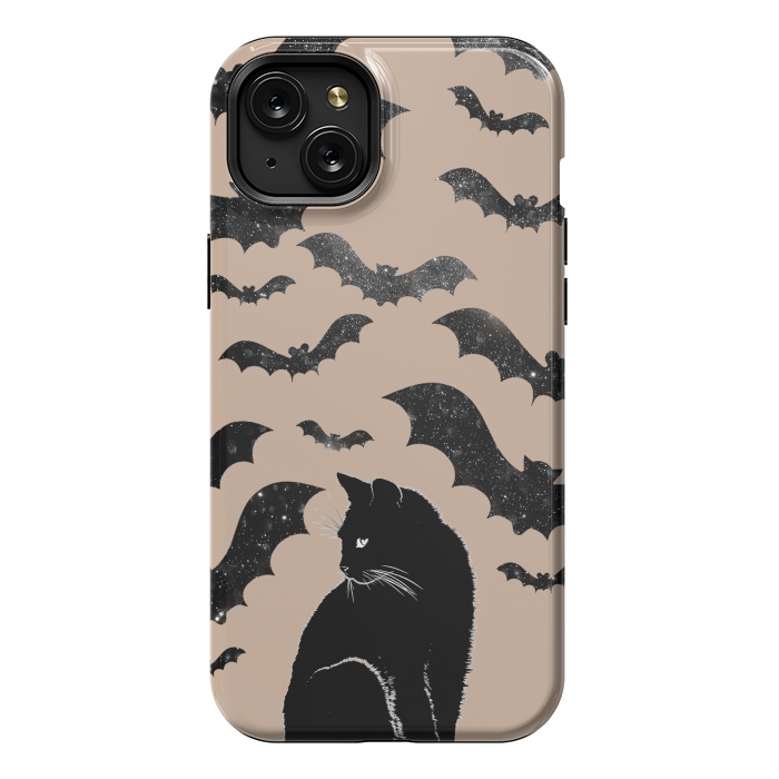 iPhone 15 Plus StrongFit Black cats and night sky bats - Halloween witchy illustration by Oana 