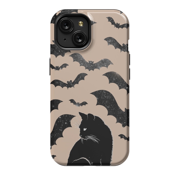 iPhone 15 StrongFit Black cats and night sky bats - Halloween witchy illustration by Oana 