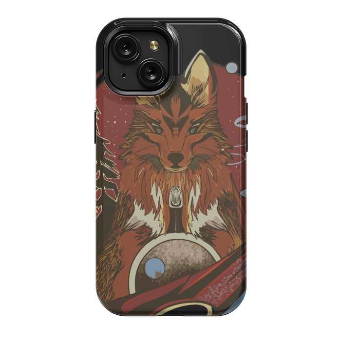 iPhone 15 StrongFit Wolf portrait with pine trees in the back by Josie