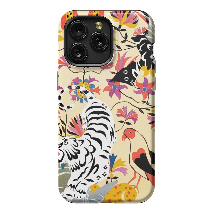 iPhone 15 Pro Max StrongFit Yin Yang, Vintage Botanical Tiger Jungle, Balance Positivity Peace, Forest Animals Wild Cat by Uma Prabhakar Gokhale