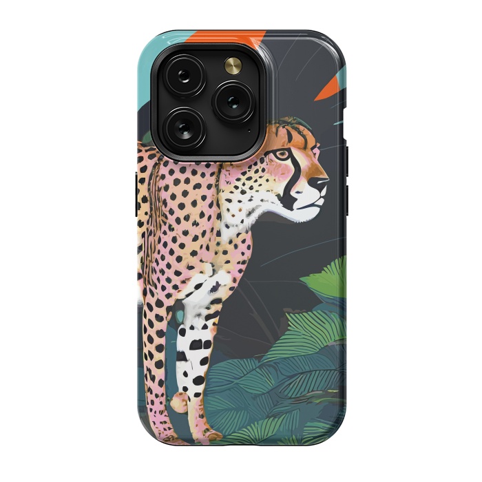iPhone 15 Pro StrongFit The Cheetah, Tropical Jungle Animals, Mystery Wild Cat, Wildlife Forest Vintage Nature Painting by Uma Prabhakar Gokhale