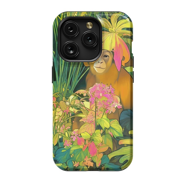 iPhone 15 Pro StrongFit Daydreamer, Coming of Age Monkey Tropical Jungle Plants, Wildlife Botanical Nature Forest Bohemian Animals by Uma Prabhakar Gokhale