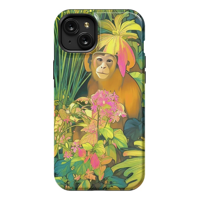iPhone 15 Plus StrongFit Daydreamer, Coming of Age Monkey Tropical Jungle Plants, Wildlife Botanical Nature Forest Bohemian Animals by Uma Prabhakar Gokhale