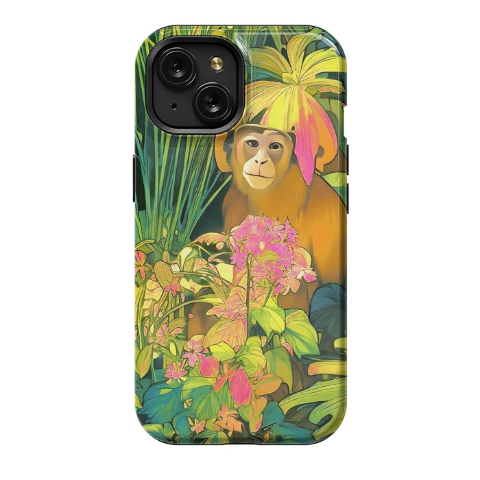 iPhone 15 StrongFit Daydreamer, Coming of Age Monkey Tropical Jungle Plants, Wildlife Botanical Nature Forest Bohemian Animals by Uma Prabhakar Gokhale