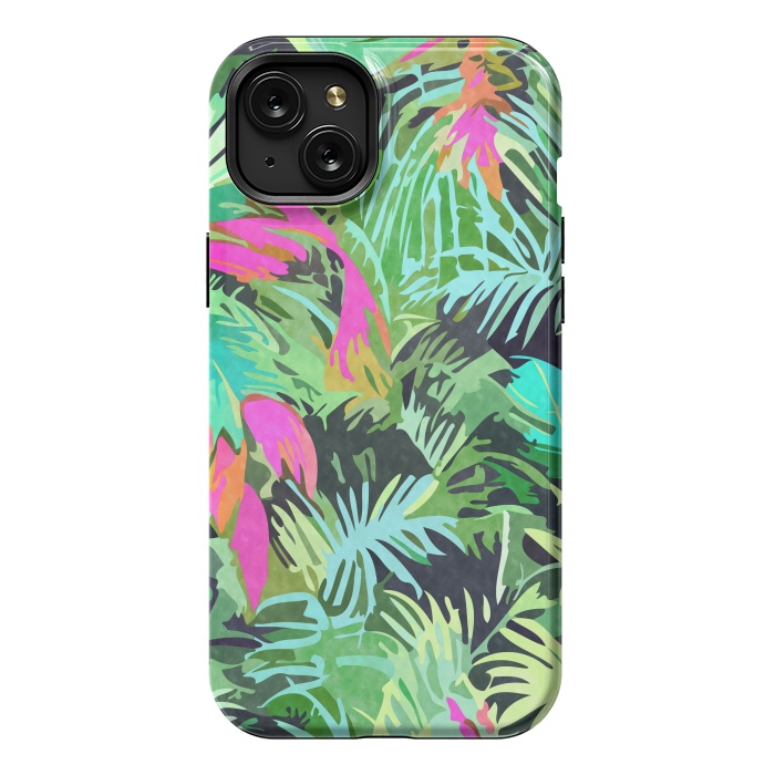 iPhone 15 Plus StrongFit Tropical Jungle, Botanical Nature Plants, Palm Forest Bohemian Watercolor, Modern Wild Painting by Uma Prabhakar Gokhale