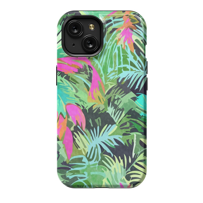 iPhone 15 StrongFit Tropical Jungle, Botanical Nature Plants, Palm Forest Bohemian Watercolor, Modern Wild Painting by Uma Prabhakar Gokhale