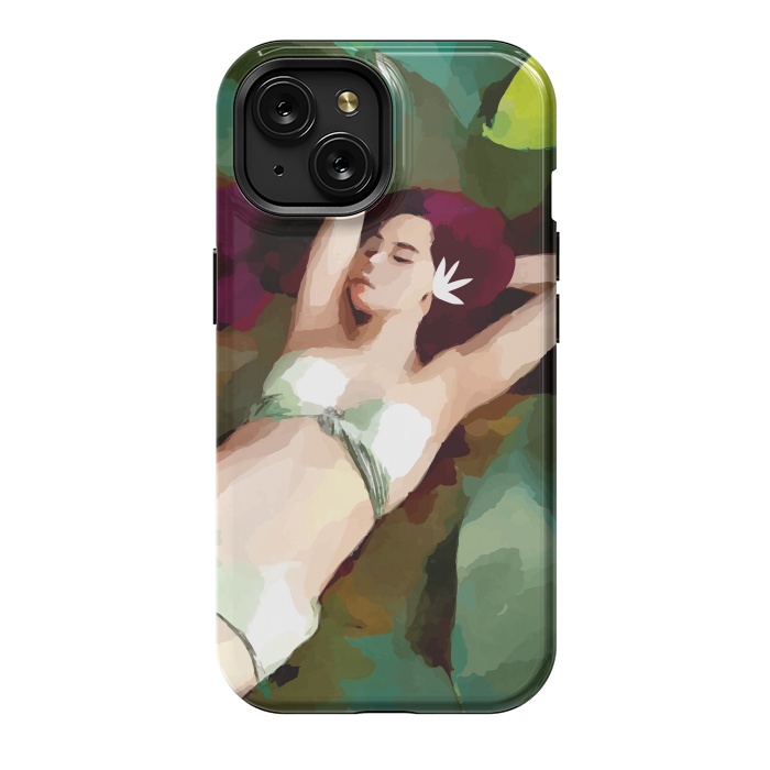 iPhone 15 StrongFit The Moment of Peace, Girl Woman on Lotus Leaf, Tropical Nature Botanical Watercolor Bohemian Painting by Uma Prabhakar Gokhale
