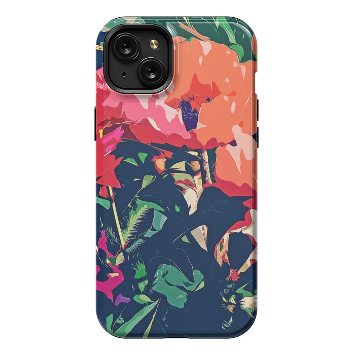 iPhone 15 Plus StrongFit Where Darkness Blooms, Dark Floral Botanical Painting, Eclectic Blush Plants Garden Nature Flowers by Uma Prabhakar Gokhale