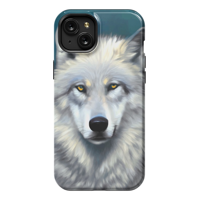 iPhone 15 Plus StrongFit The Wolf, Animal Portrait Painting, Wildlife Forest Jungle Dog, Mystery Eclectic Rustic by Uma Prabhakar Gokhale