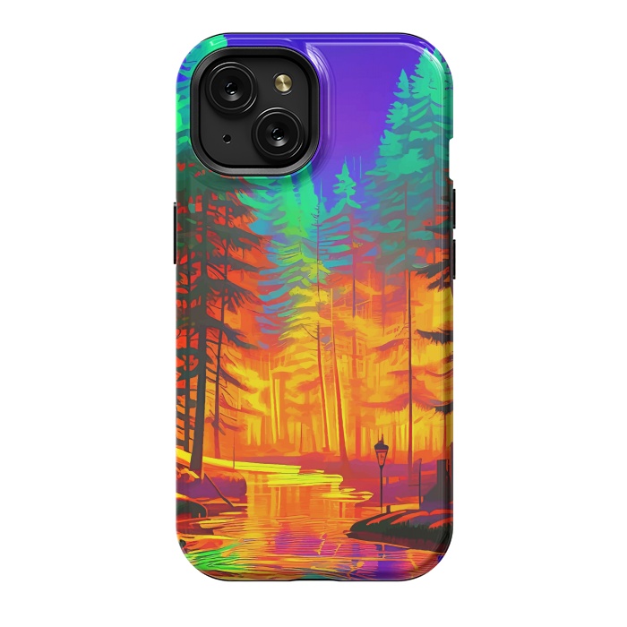 iPhone 15 StrongFit The Neon Mirage, Forest Trees Nature, Eclectic Electric Pop Art, Colorful Bright Contemporary Modern by Uma Prabhakar Gokhale