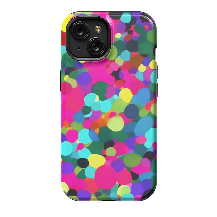 iPhone 15 StrongFit A Mess of Colors, Eclectic Colorful Water Balloons, Fun Party Confetti Polka Dots Painting by Uma Prabhakar Gokhale